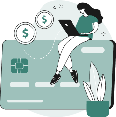 Illustration of person sitting with laptop on top of credit card
